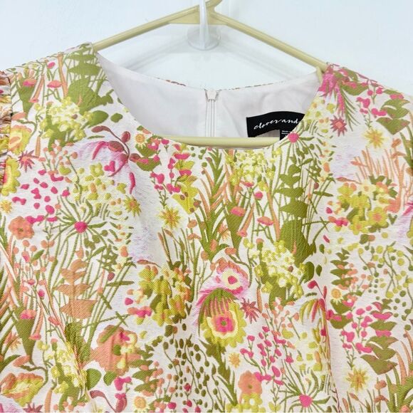 Clover and Sloane Pink Green Floral Print Jacquard Puff Sleeve Sheath Mini Dress - Picture 14 of 16